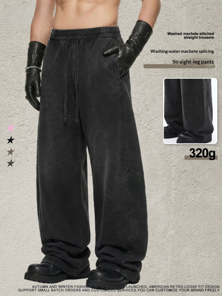 Be Men's New American Retro Loose Fit Large Size Washed Curved Hem Pants Patchwork Straight Long Pants Drawstring Wide Leg Pants for Men