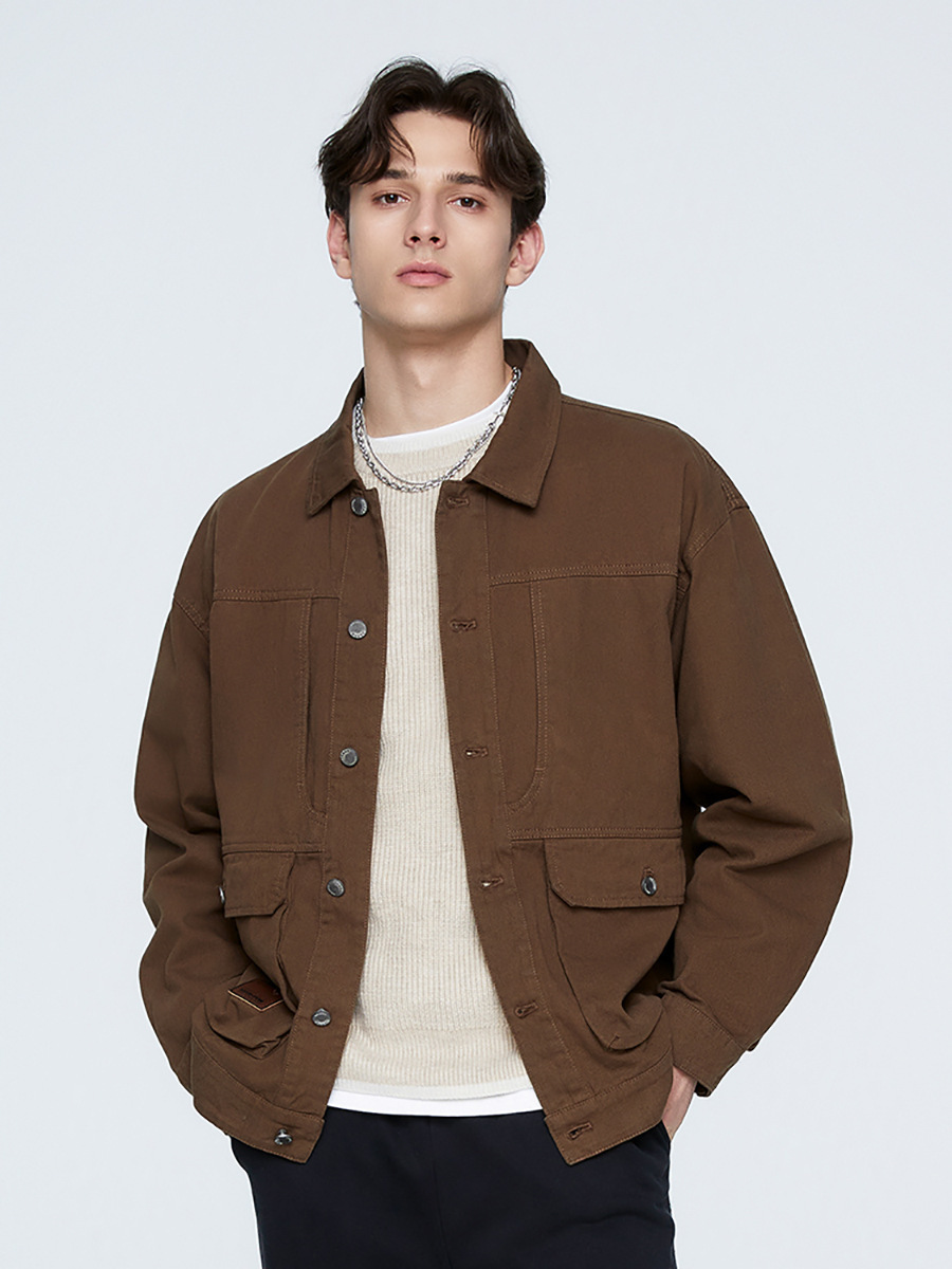 Ola Spring & Fall American Retro Lapel Multi-Pocket Splicing Design Casual Versatile Washed Work Jacket Retro Style