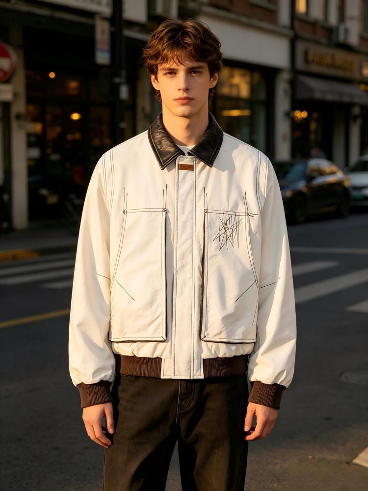 GorgeousBen Men's Vintage Deconstructed Splicing Jacket, 220g Cotton Blend, Loose Fit Windproof Bomber Coat for Streetwear & Casual Daily Wear, S-XXL