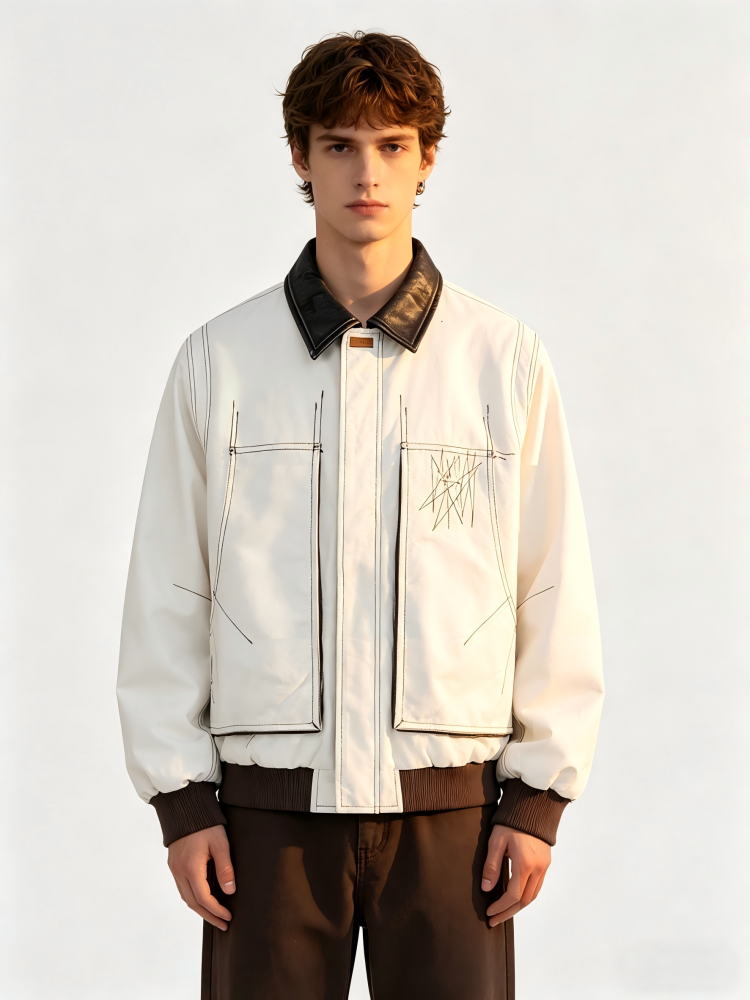 GorgeousBen Men's Vintage Deconstructed Splicing Jacket, 220g Cotton Blend, Loose Fit Windproof Bomber Coat for Streetwear & Casual Daily Wear, S-XXL