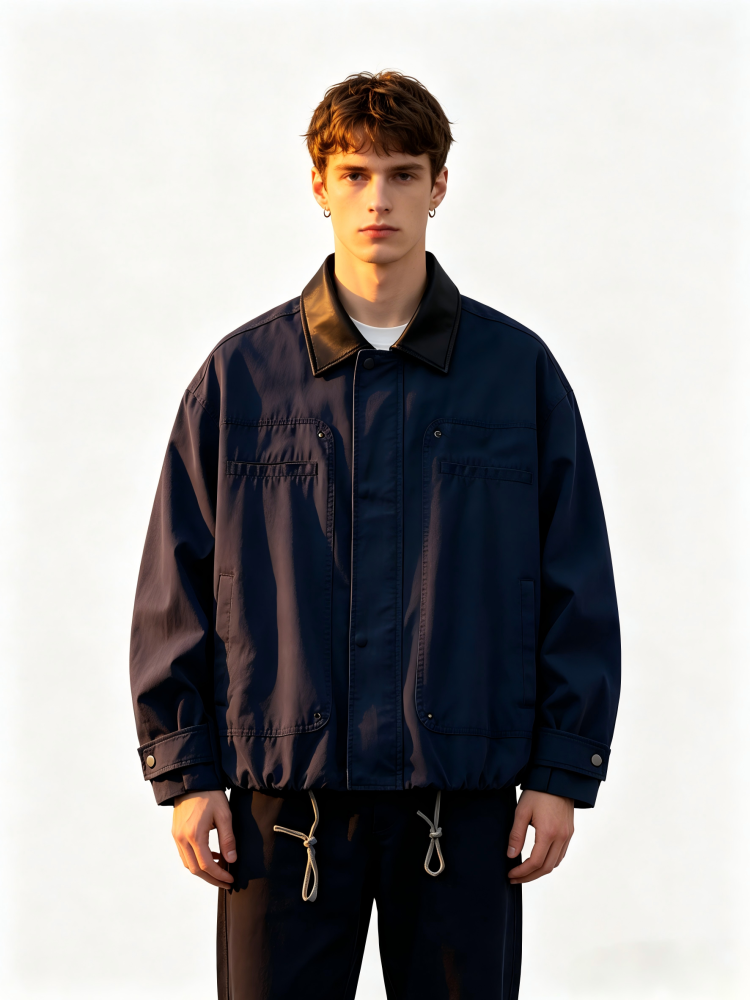 GorgeousBen Men's Vintage Workwear Jacket, 230g Cotton Blend with PU Collar, Loose Fit Breathable Casual Coat for Spring & Autumn Streetwear, M-XXL