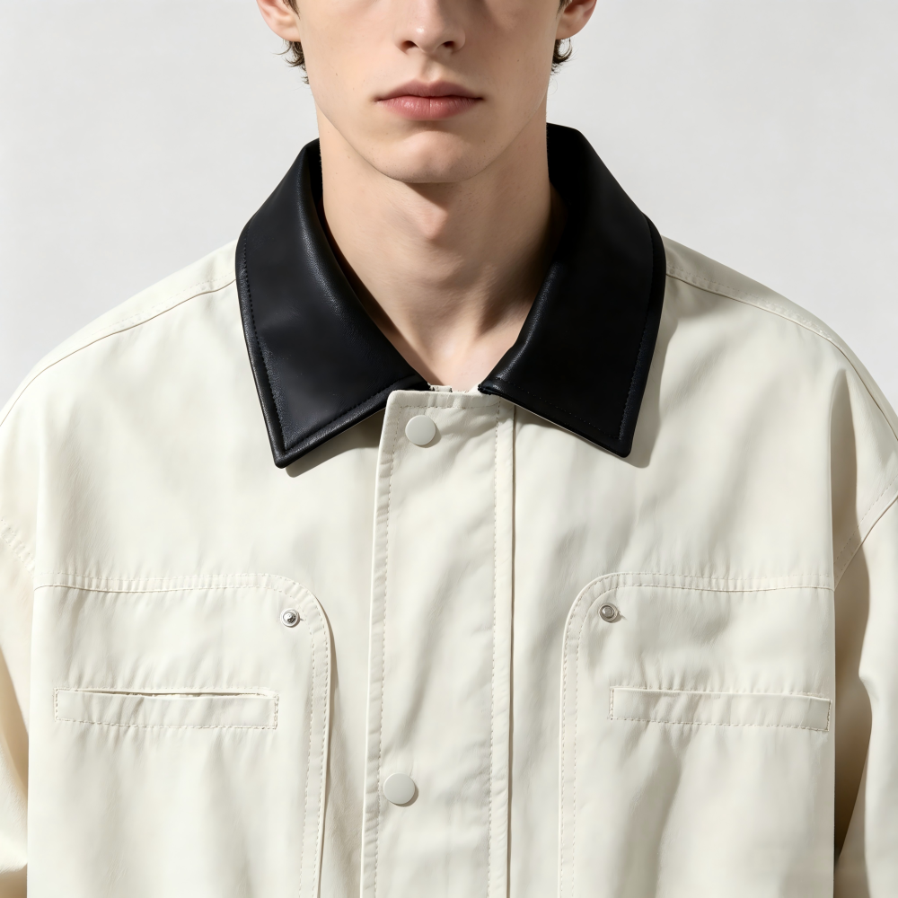 GorgeousBen Men's Vintage Workwear Jacket, 230g Cotton Blend with PU Collar, Loose Fit Breathable Casual Coat for Spring & Autumn Streetwear, M-XXL