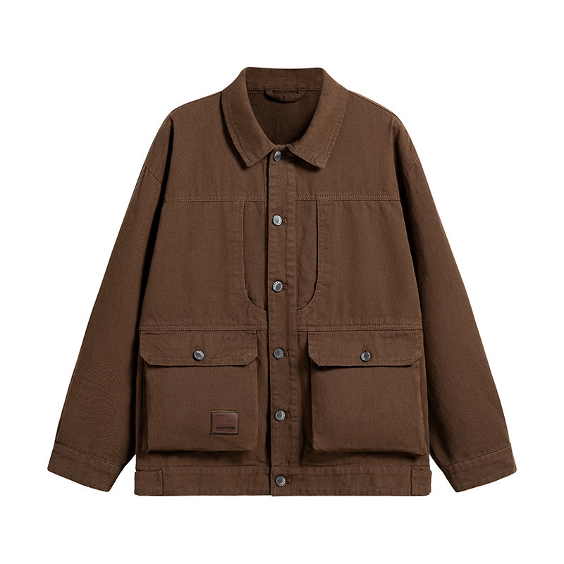 Ola Spring & Fall American Retro Lapel Multi-Pocket Splicing Design Casual Versatile Washed Work Jacket Retro Style