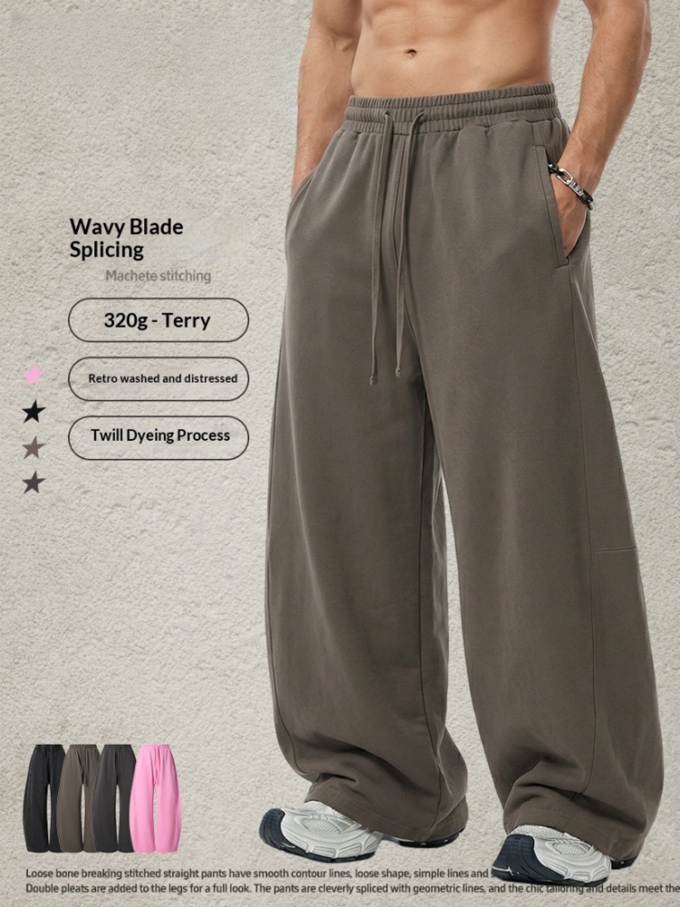 Be Men's New American Retro Loose Fit Large Size Washed Curved Hem Pants Patchwork Straight Long Pants Drawstring Wide Leg Pants for Men