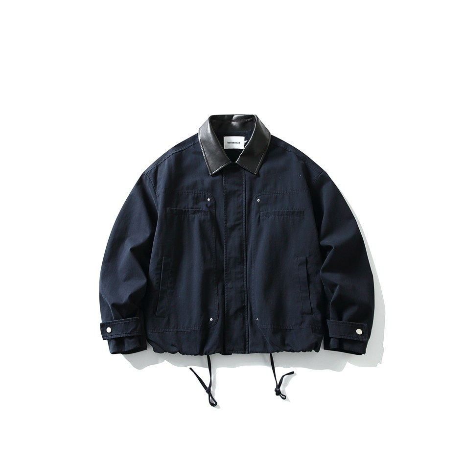 GorgeousBen Men's Vintage Workwear Jacket, 230g Cotton Blend with PU Collar, Loose Fit Breathable Casual Coat for Spring & Autumn Streetwear, M-XXL
