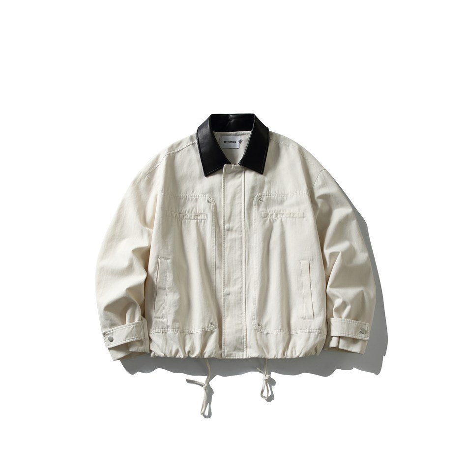 GorgeousBen Men's Vintage Workwear Jacket, 230g Cotton Blend with PU Collar, Loose Fit Breathable Casual Coat for Spring & Autumn Streetwear, M-XXL