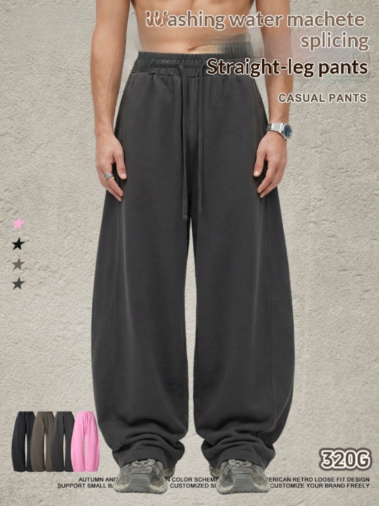 Be Men's New American Retro Loose Fit Large Size Washed Curved Hem Pants Patchwork Straight Long Pants Drawstring Wide Leg Pants for Men