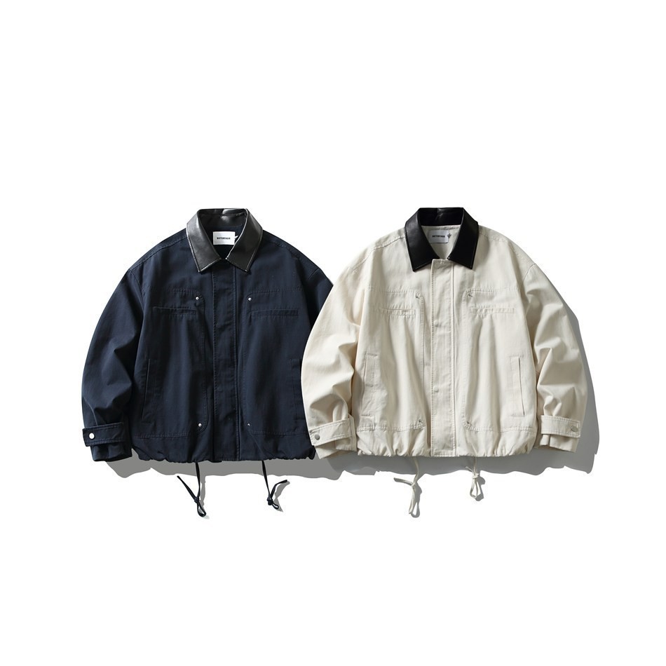 GorgeousBen Men's Vintage Workwear Jacket, 230g Cotton Blend with PU Collar, Loose Fit Breathable Casual Coat for Spring & Autumn Streetwear, M-XXL