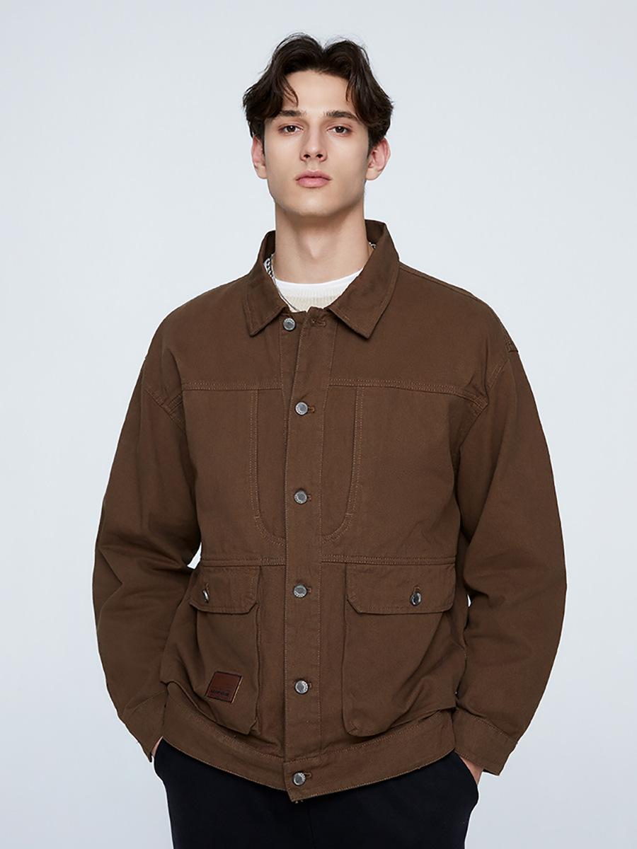Ola Spring & Fall American Retro Lapel Multi-Pocket Splicing Design Casual Versatile Washed Work Jacket Retro Style