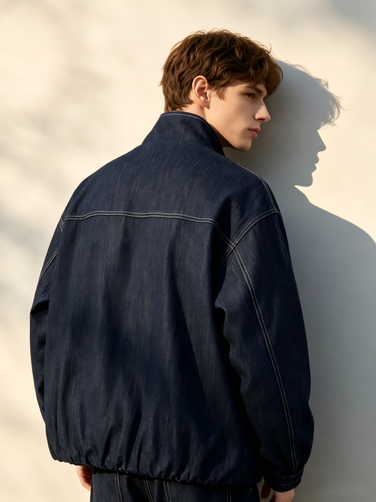 GorgeousBen Men's Japanese Vintage Denim Jacket, 240g Cotton Blend, Loose Fit Breathable & Durable Stand Collar Coat for Spring & Autumn Casual Wear, M-XXL