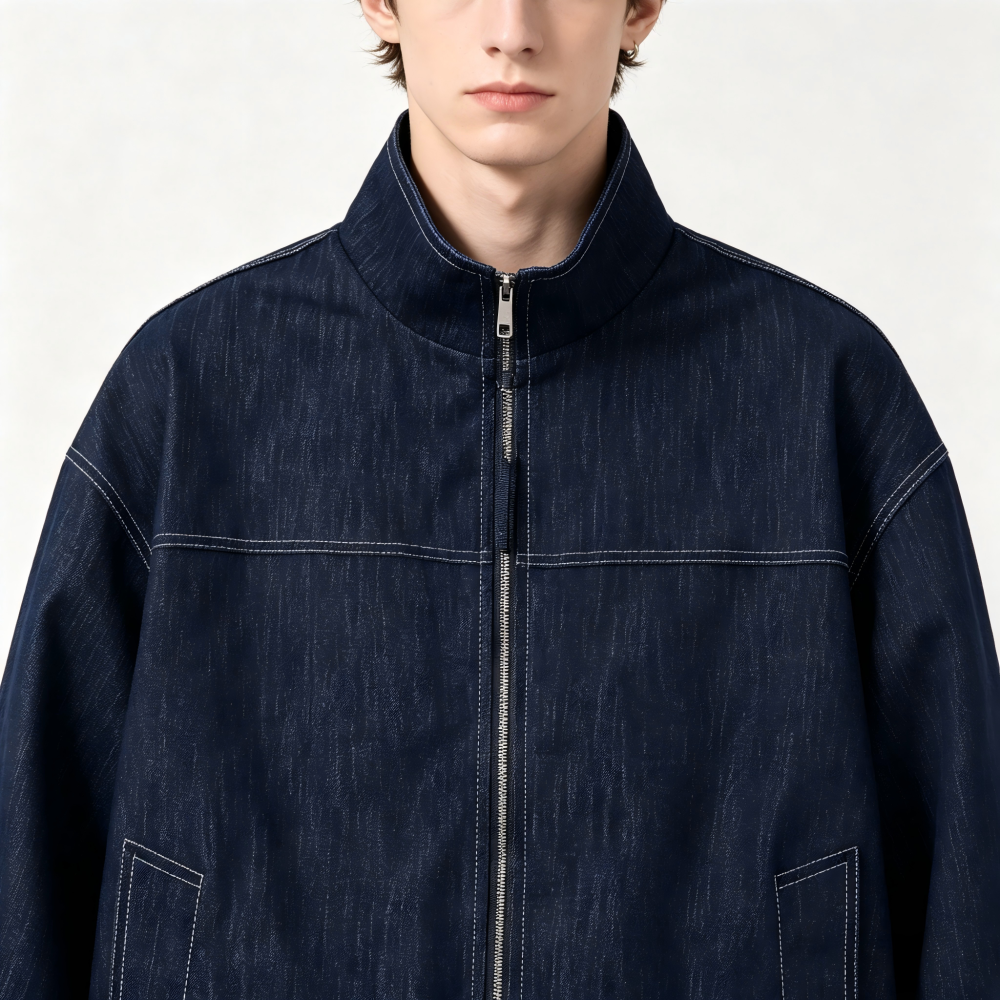 GorgeousBen Men's Japanese Vintage Denim Jacket, 240g Cotton Blend, Loose Fit Breathable & Durable Stand Collar Coat for Spring & Autumn Casual Wear, M-XXL