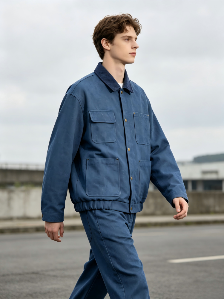 GorgeousBen Men's French Workwear Style Turn-Down Collar Jacket, 230g Polyester Blend, Loose Fit Breathable Casual Coat for Spring & Autumn Daily Wear, M-3XL