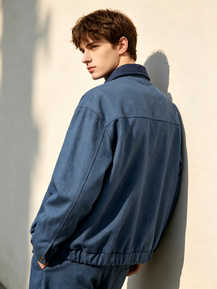 GorgeousBen Men's French Workwear Style Turn-Down Collar Jacket, 230g Polyester Blend, Loose Fit Breathable Casual Coat for Spring & Autumn Daily Wear, M-3XL