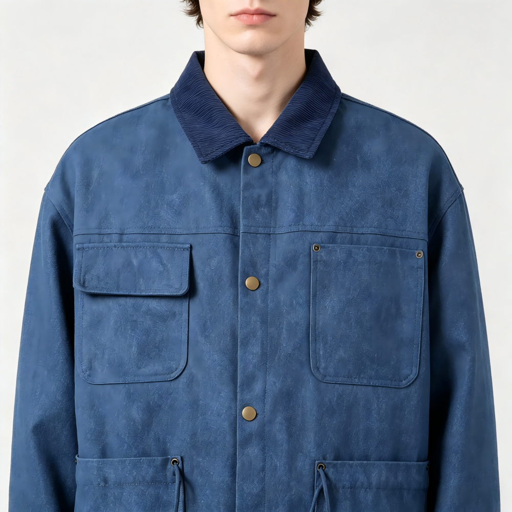 GorgeousBen Men's French Workwear Style Turn-Down Collar Jacket, 230g Polyester Blend, Loose Fit Breathable Casual Coat for Spring & Autumn Daily Wear, M-3XL
