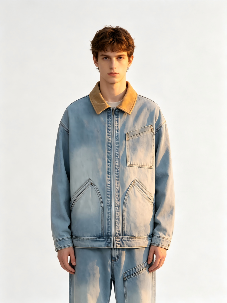 GorgeousBen Men's Vintage Patchwork Turn-Down Collar Denim Jacket, 250g Cotton Blend, Loose Fit Breathable & Durable Washed Casual Coat for Spring & Autumn, M-3XL