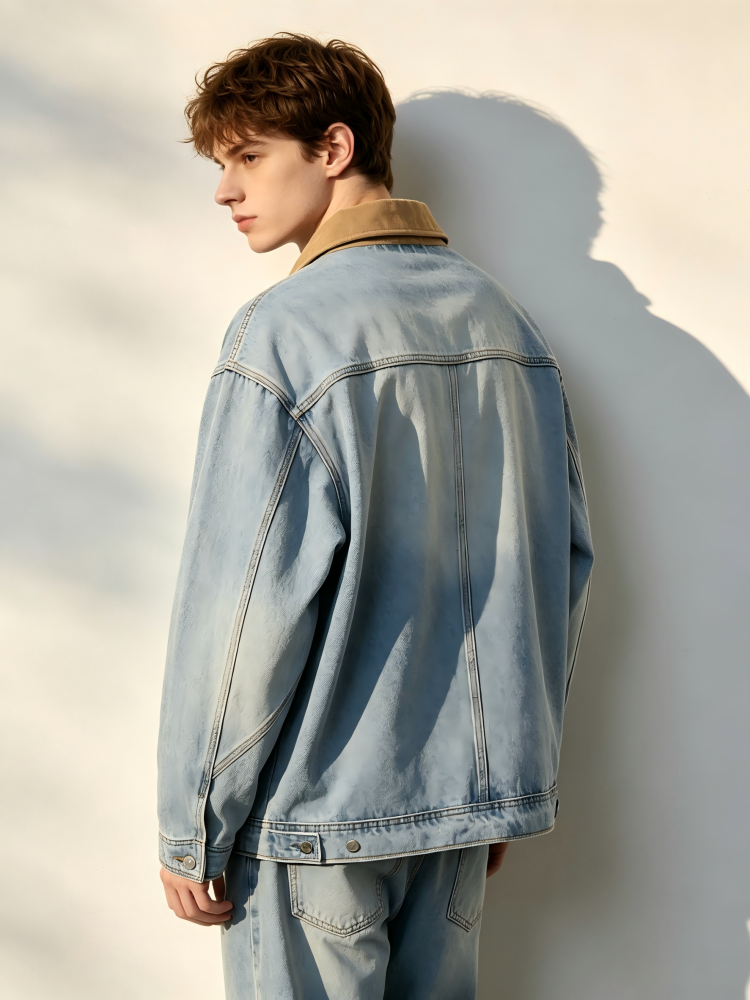 GorgeousBen Men's Vintage Patchwork Turn-Down Collar Denim Jacket, 250g Cotton Blend, Loose Fit Breathable & Durable Washed Casual Coat for Spring & Autumn, M-3XL
