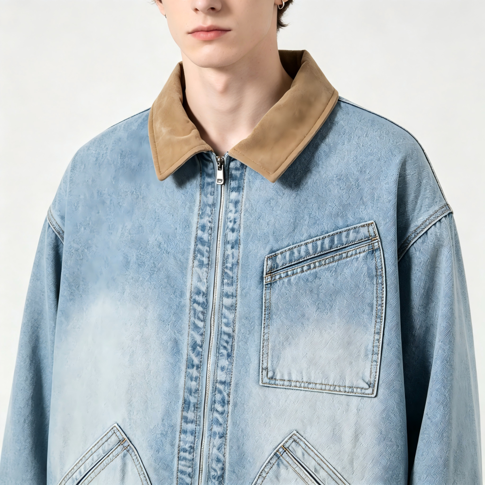 GorgeousBen Men's Vintage Patchwork Turn-Down Collar Denim Jacket, 250g Cotton Blend, Loose Fit Breathable & Durable Washed Casual Coat for Spring & Autumn, M-3XL