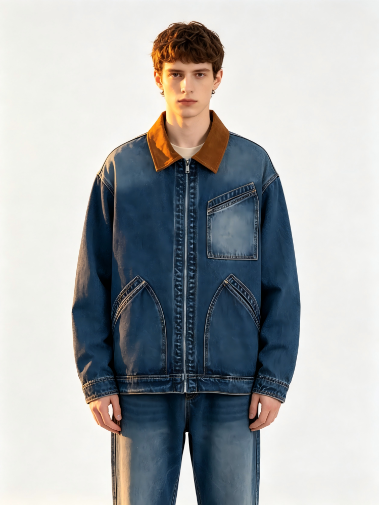 GorgeousBen Men's Vintage Patchwork Turn-Down Collar Denim Jacket, 250g Cotton Blend, Loose Fit Breathable & Durable Washed Casual Coat for Spring & Autumn, M-3XL