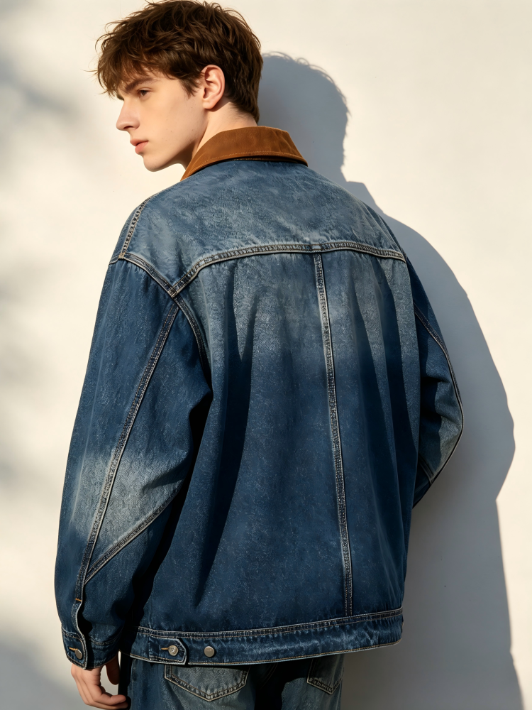 GorgeousBen Men's Vintage Patchwork Turn-Down Collar Denim Jacket, 250g Cotton Blend, Loose Fit Breathable & Durable Washed Casual Coat for Spring & Autumn, M-3XL