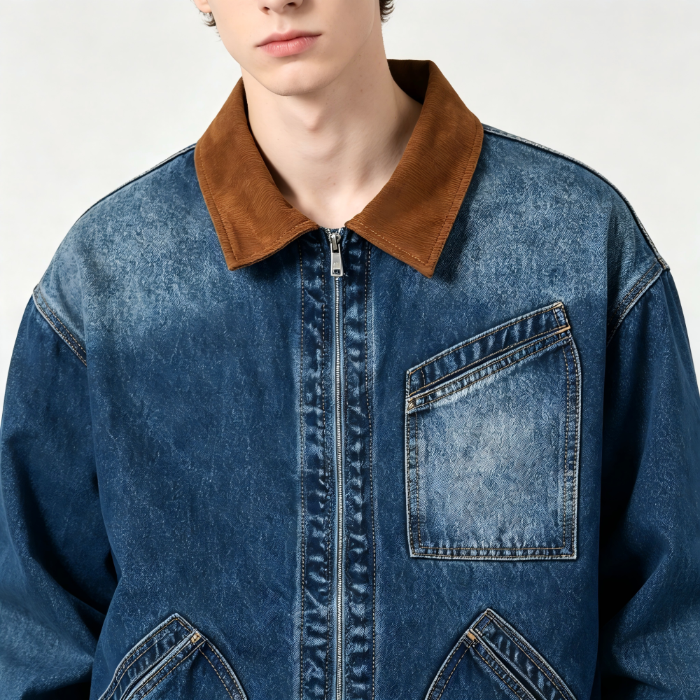 GorgeousBen Men's Vintage Patchwork Turn-Down Collar Denim Jacket, 250g Cotton Blend, Loose Fit Breathable & Durable Washed Casual Coat for Spring & Autumn, M-3XL