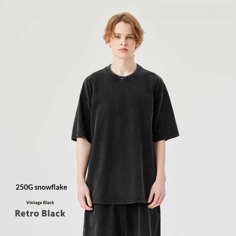 Men's Clothing | Summer Loose Heavyweight 250g Washed T-Shirt Men's European and American Cross-Border Retro Distressed Cotton Men's Short-Sleeved Shirt