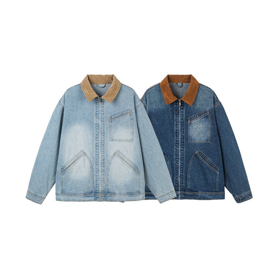 GorgeousBen Men's Vintage Patchwork Turn-Down Collar Denim Jacket, 250g Cotton Blend, Loose Fit Breathable & Durable Washed Casual Coat for Spring & Autumn, M-3XL