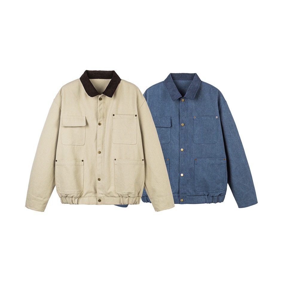 GorgeousBen Men's French Workwear Style Turn-Down Collar Jacket, 230g Polyester Blend, Loose Fit Breathable Casual Coat for Spring & Autumn Daily Wear, M-3XL