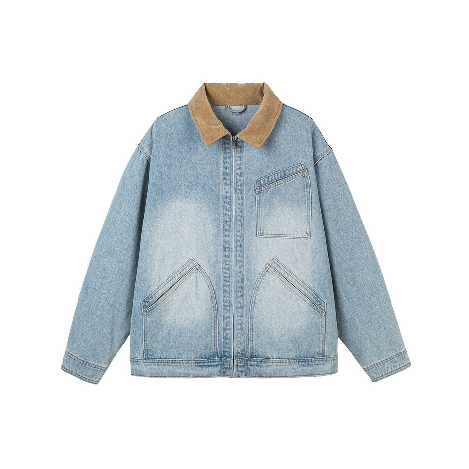 GorgeousBen Men's Vintage Patchwork Turn-Down Collar Denim Jacket, 250g Cotton Blend, Loose Fit Breathable & Durable Washed Casual Coat for Spring & Autumn, M-3XL