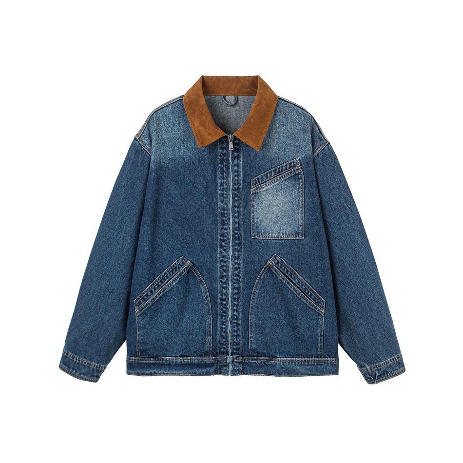 GorgeousBen Men's Vintage Patchwork Turn-Down Collar Denim Jacket, 250g Cotton Blend, Loose Fit Breathable & Durable Washed Casual Coat for Spring & Autumn, M-3XL