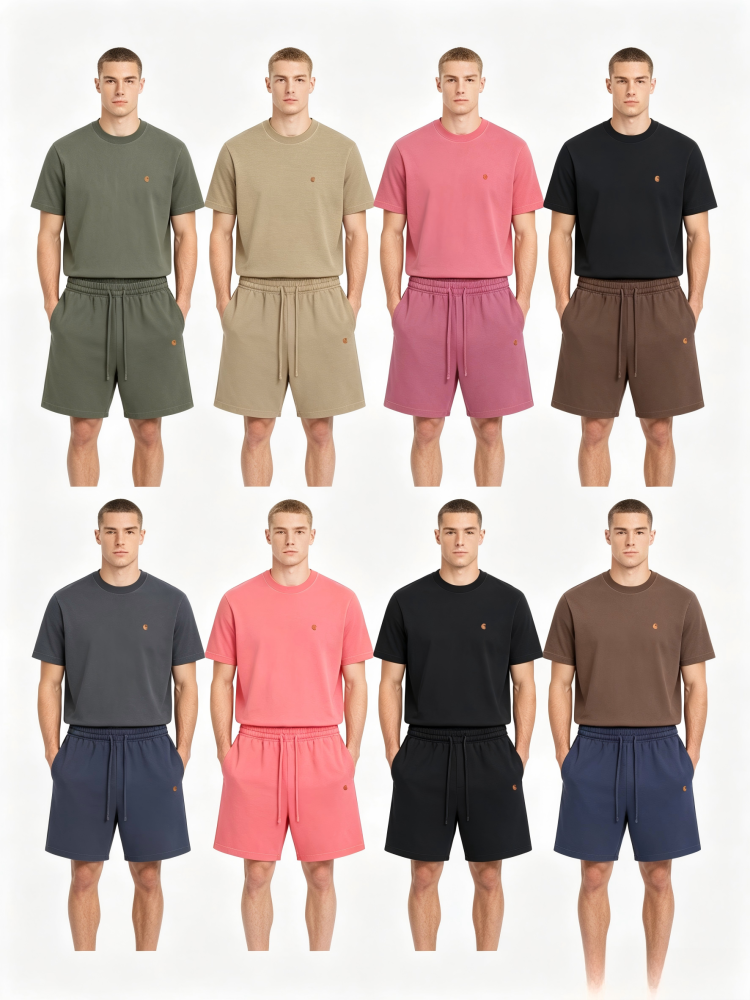 GorgeousBen Men's 2-Piece Washed Cotton T-Shirt & Shorts Set, Loose Fit, Multi-Color, Summer Casual Streetwear Outfit, M-2XL