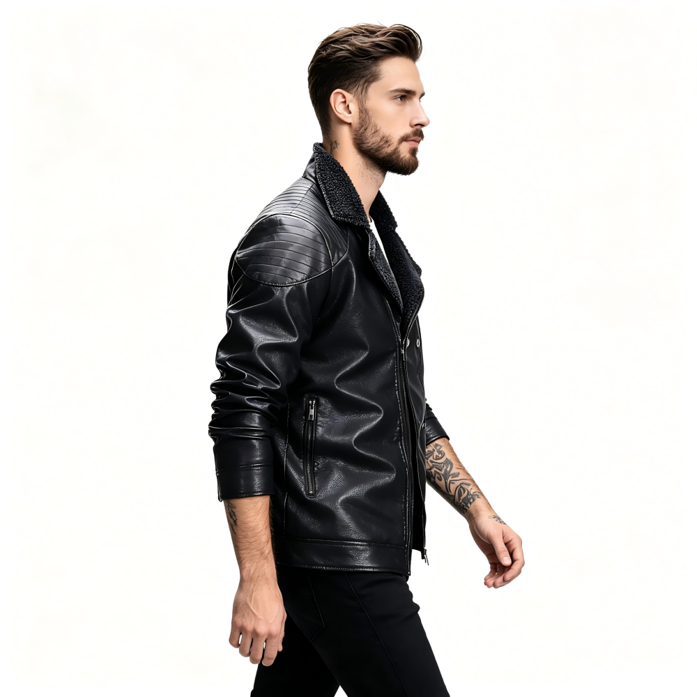 GorgeousBen Autumn and winter new men's leather jacket with thick velvet, fashionable and casual fur one-piece suit collar, youth jacket jacket jacket.