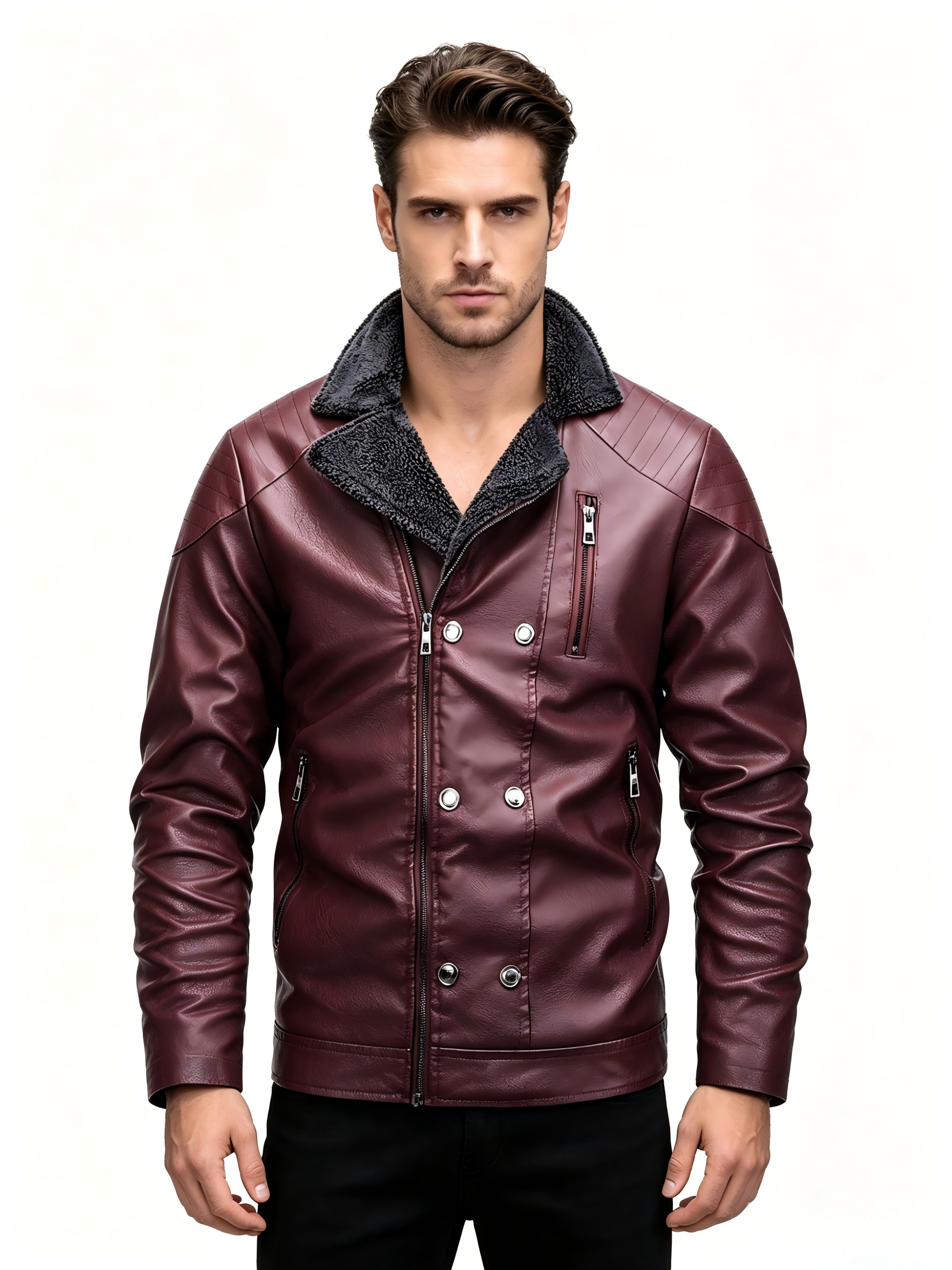 GorgeousBen Autumn and winter new men's leather jacket with thick velvet, fashionable and casual fur one-piece suit collar, youth jacket jacket jacket.