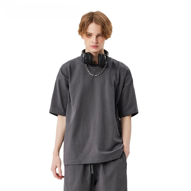 Men's clothing | 230g double yarn cotton T-shirt men's earth color Street oversize fashion brand men's short sleeve solid color T-shirt