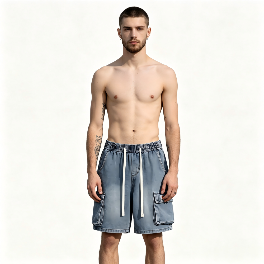 GorgeousBen Men's Elastic Waist Denim Cargo Shorts, 91%-95% Cotton, Washed Finish, Drawstring Casual Straight Fit, Summer Streetwear, M-XXL