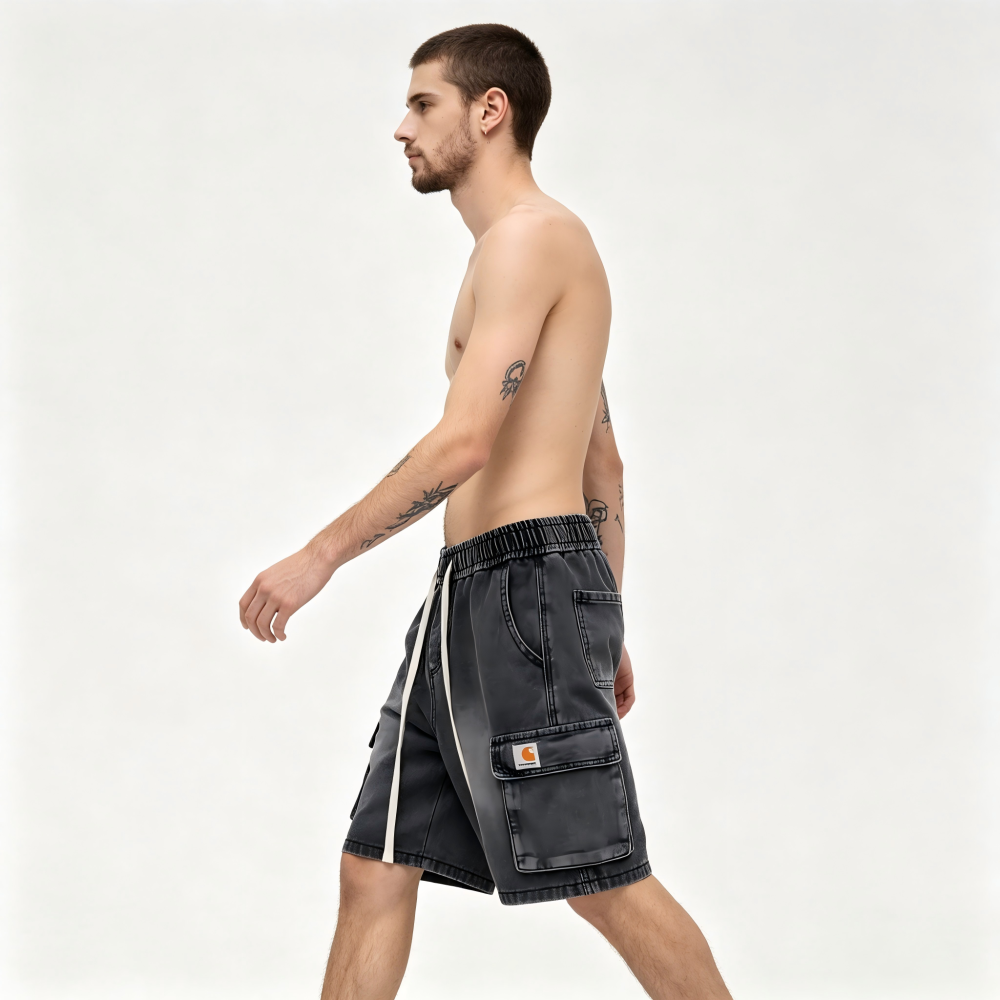GorgeousBen Men's Elastic Waist Denim Cargo Shorts, 91%-95% Cotton, Washed Finish, Drawstring Casual Straight Fit, Summer Streetwear, M-XXL
