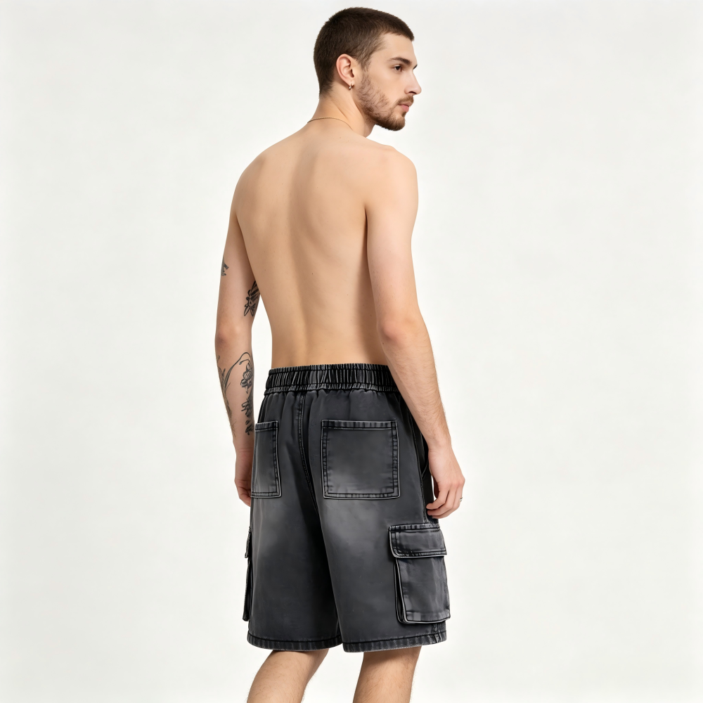 GorgeousBen Men's Elastic Waist Denim Cargo Shorts, 91%-95% Cotton, Washed Finish, Drawstring Casual Straight Fit, Summer Streetwear, M-XXL