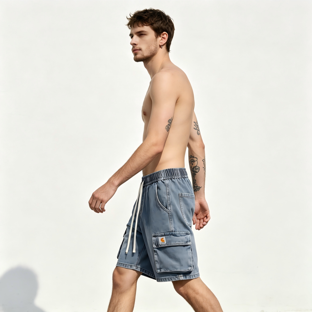 GorgeousBen Men's Elastic Waist Denim Cargo Shorts, 91%-95% Cotton, Washed Finish, Drawstring Casual Straight Fit, Summer Streetwear, M-XXL