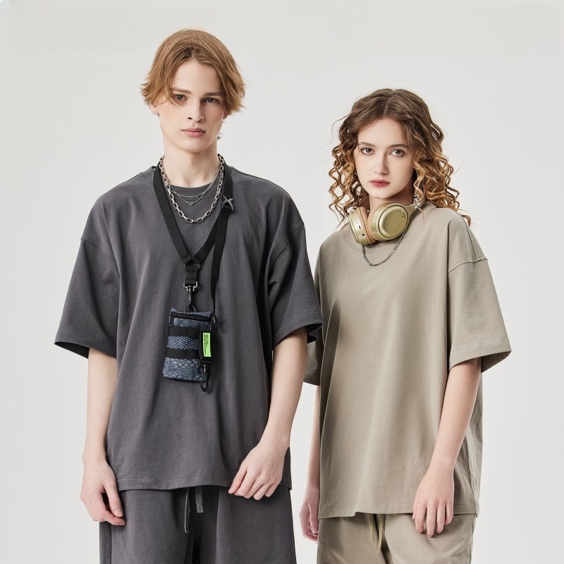 Men's clothing | 230g double yarn cotton T-shirt men's earth color Street oversize fashion brand men's short sleeve solid color T-shirt