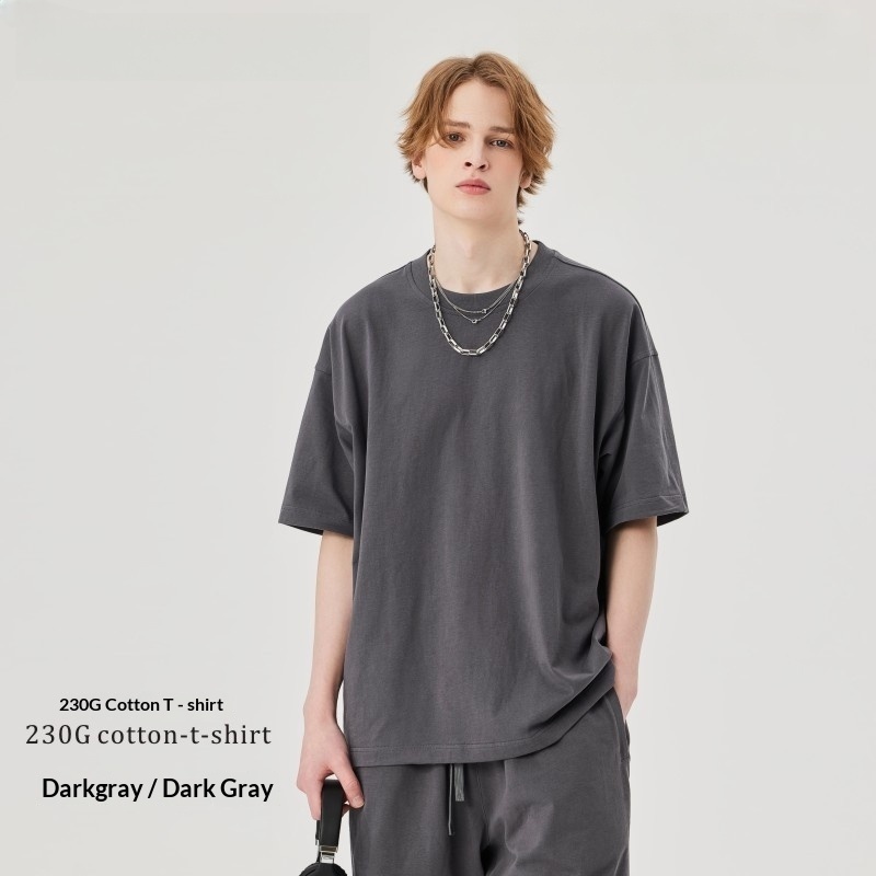 Men's clothing | 230g double yarn cotton T-shirt men's earth color Street oversize fashion brand men's short sleeve solid color T-shirt