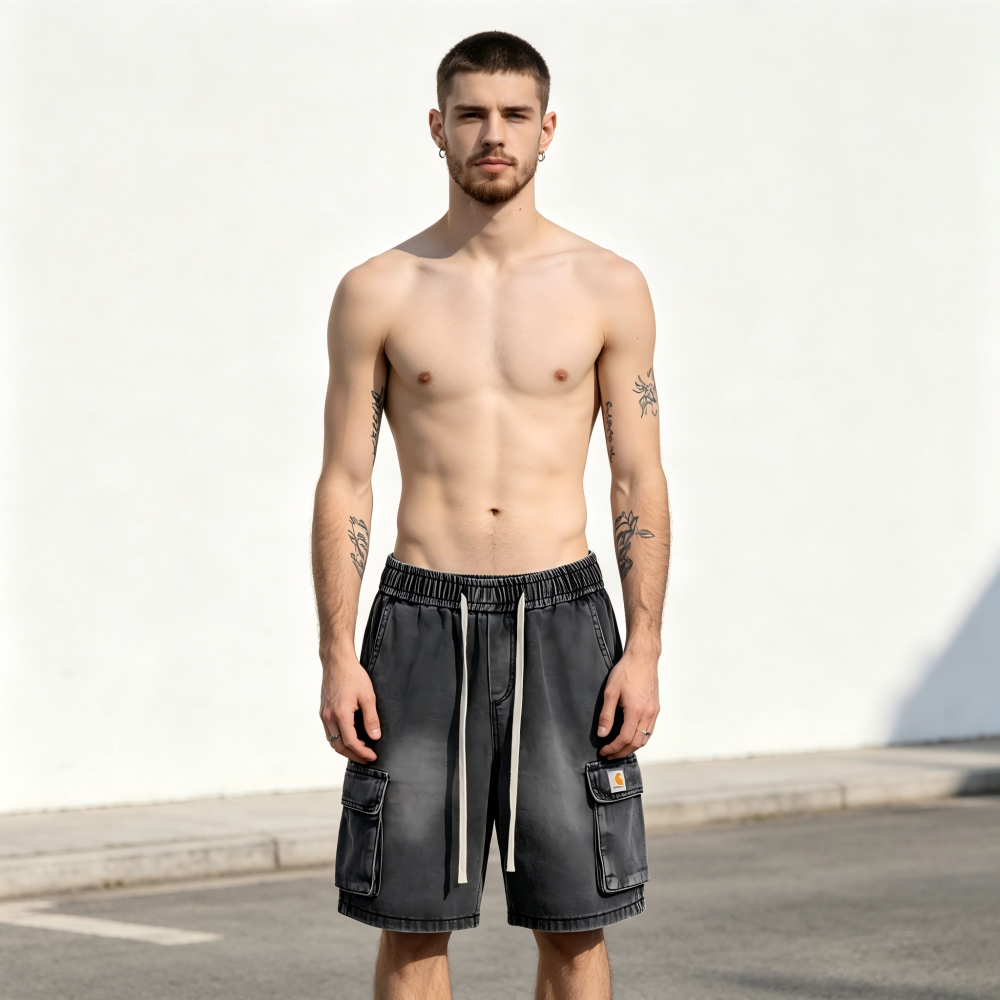 GorgeousBen Men's Elastic Waist Denim Cargo Shorts, 91%-95% Cotton, Washed Finish, Drawstring Casual Straight Fit, Summer Streetwear, M-XXL
