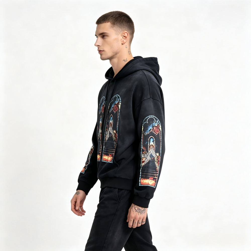 GorgeousBen Men's Vintage Washed Flame Print Hoodie Loose Fit Casual Streetwear Pullover Sweatshirt S-4XL