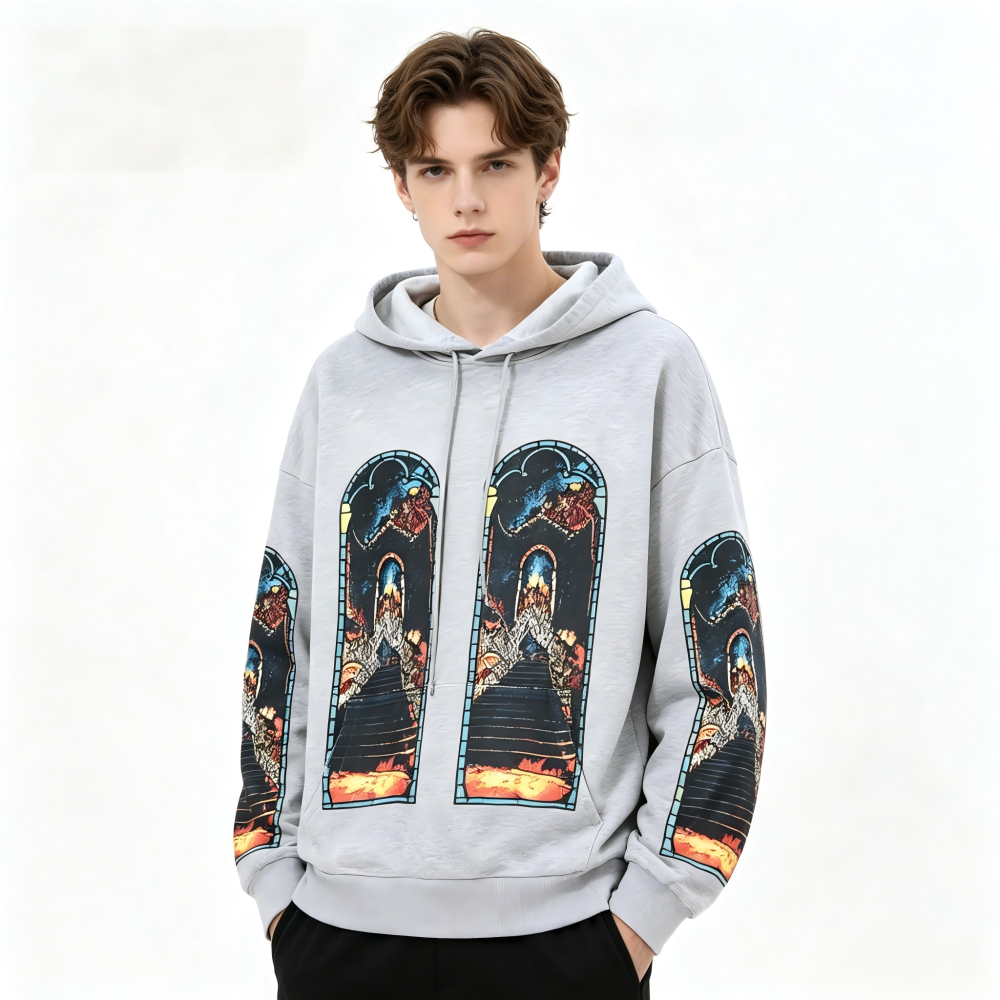 GorgeousBen Men's Vintage Washed Flame Print Hoodie Loose Fit Casual Streetwear Pullover Sweatshirt S-4XL