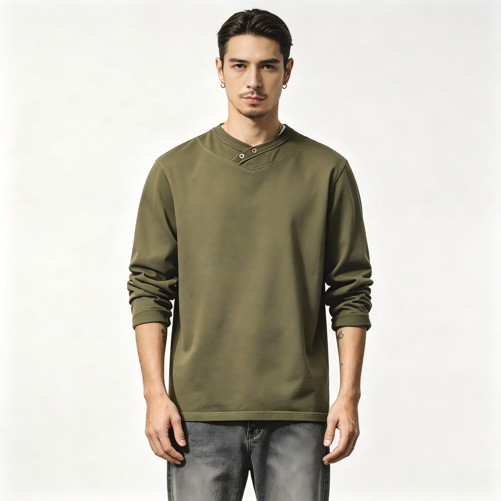 GorgeousBen Men's 250GSM Heavyweight Cotton Henley Long Sleeve T-Shirt Loose Fit Button Crew Neck Casual Tee S-4XL