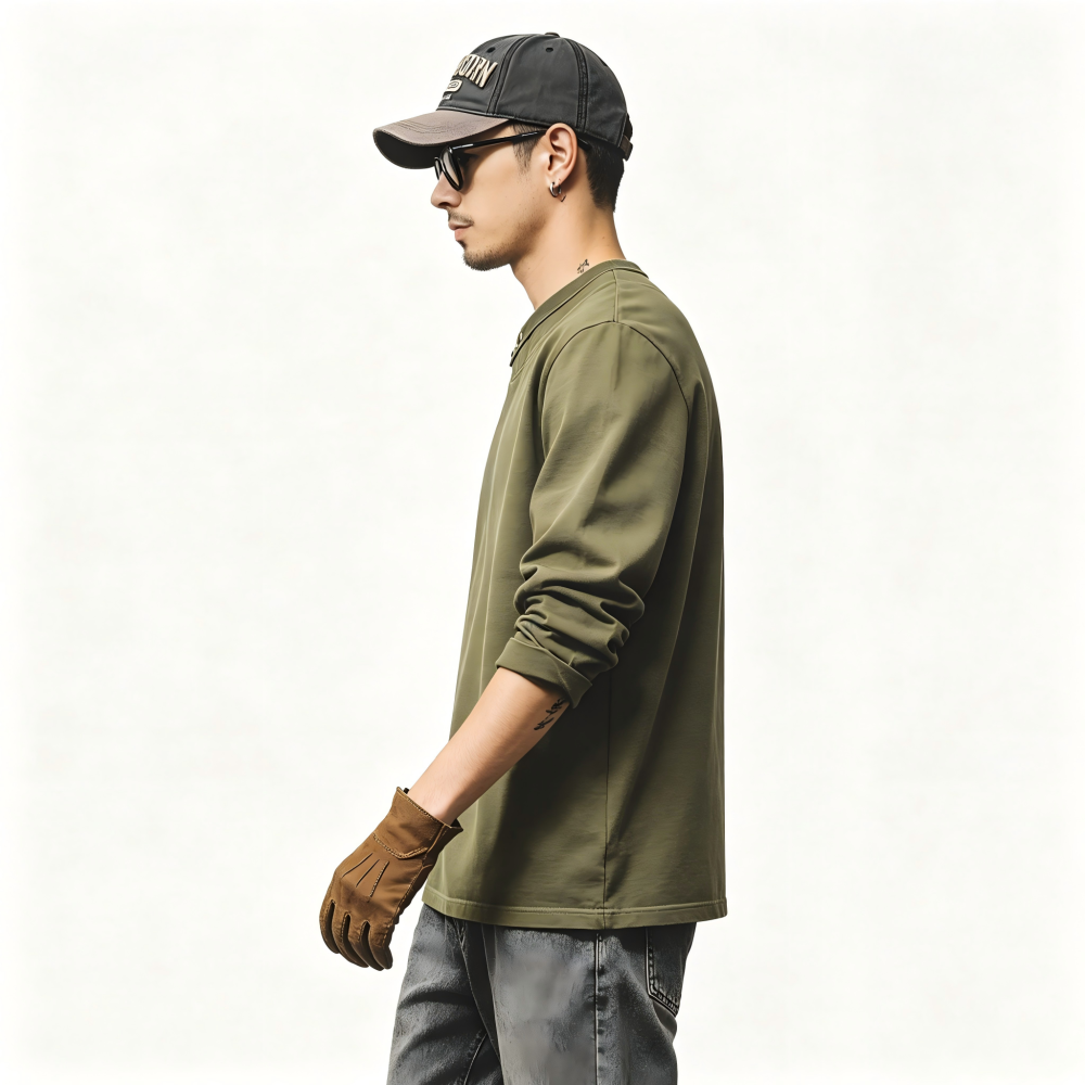 GorgeousBen Men's 250GSM Heavyweight Cotton Henley Long Sleeve T-Shirt Loose Fit Button Crew Neck Casual Tee S-4XL
