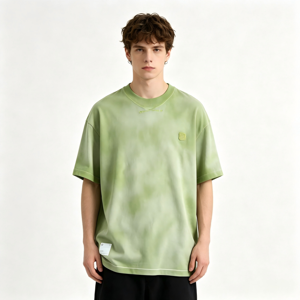 GorgeousBen 300GSM American Vintage Tie-Dye Washed T-Shirt | Unisex High Street Applique Embroidered Loose Short Sleeve