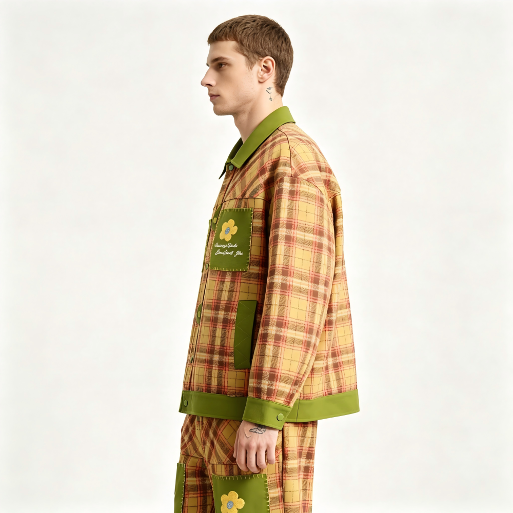GrogeousBen   Unisex 2024 new American PU leather patchwork checkered niche lapel jacket men's and women's spring loose trend couple coat