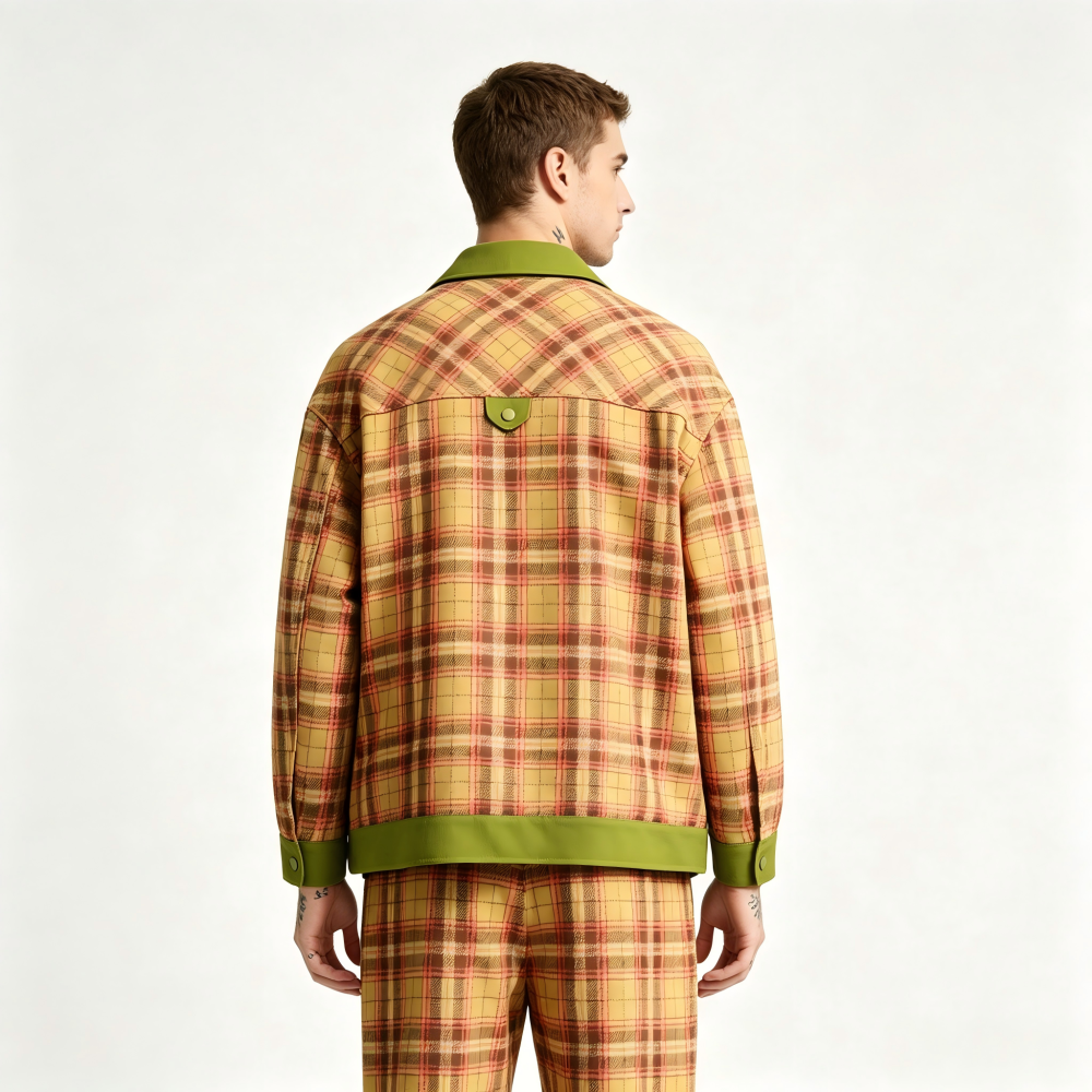GrogeousBen   Unisex 2024 new American PU leather patchwork checkered niche lapel jacket men's and women's spring loose trend couple coat
