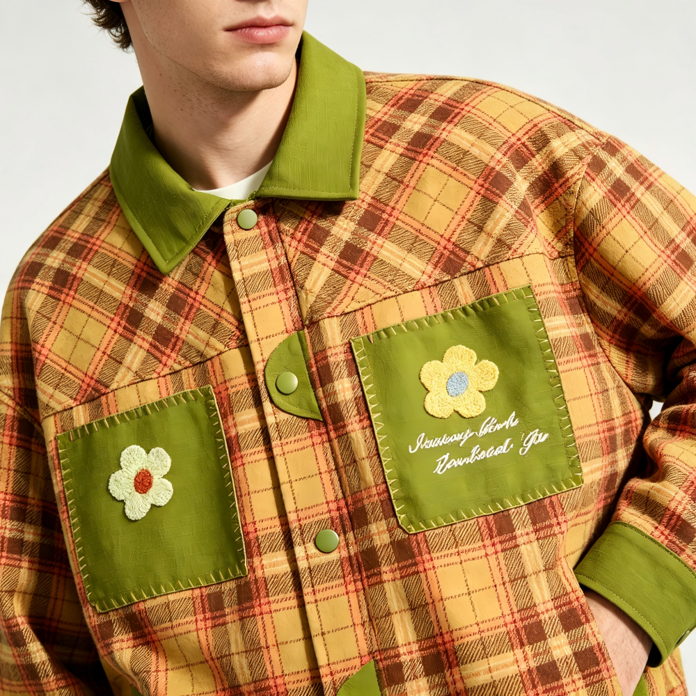 GrogeousBen   Unisex 2024 new American PU leather patchwork checkered niche lapel jacket men's and women's spring loose trend couple coat