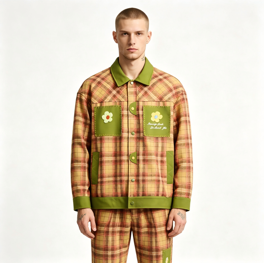 GrogeousBen   Unisex 2024 new American PU leather patchwork checkered niche lapel jacket men's and women's spring loose trend couple coat