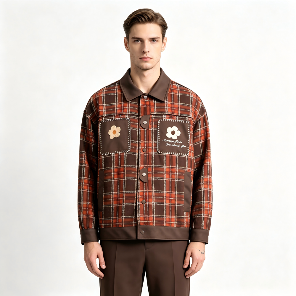 GrogeousBen   Unisex 2024 new American PU leather patchwork checkered niche lapel jacket men's and women's spring loose trend couple coat